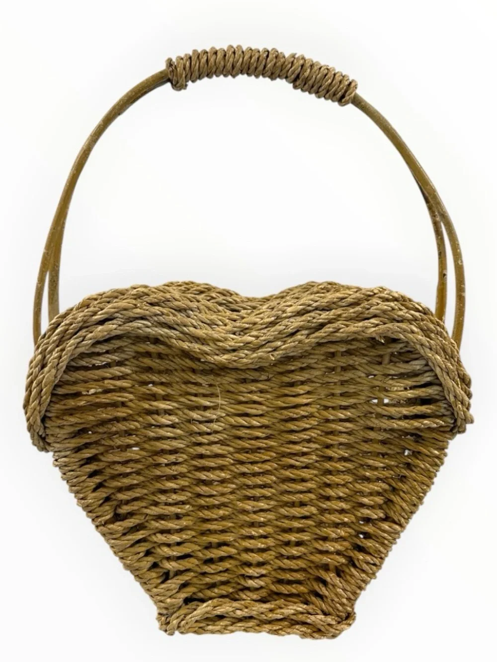 Vintage Large Heart Shaped Woven Wicker Basket 22” Rustic Double Handle